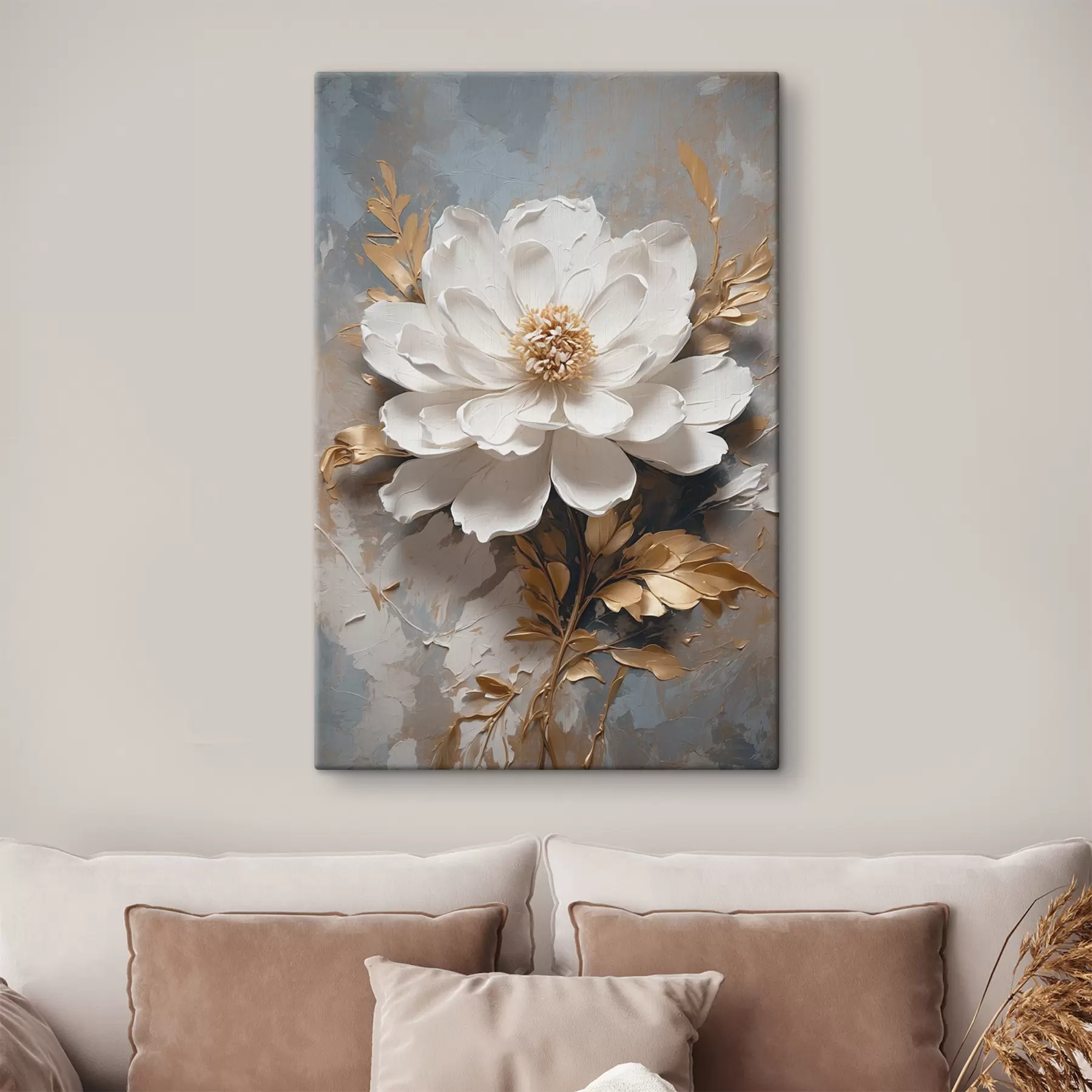 murales Flor blanca con tallos  sobre fondo abstracto s39865