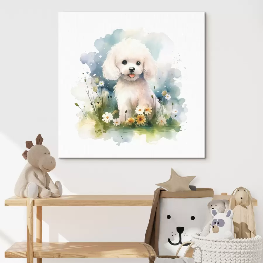 murales Pequeño caniche blanco sentado en flores acuarela s39928