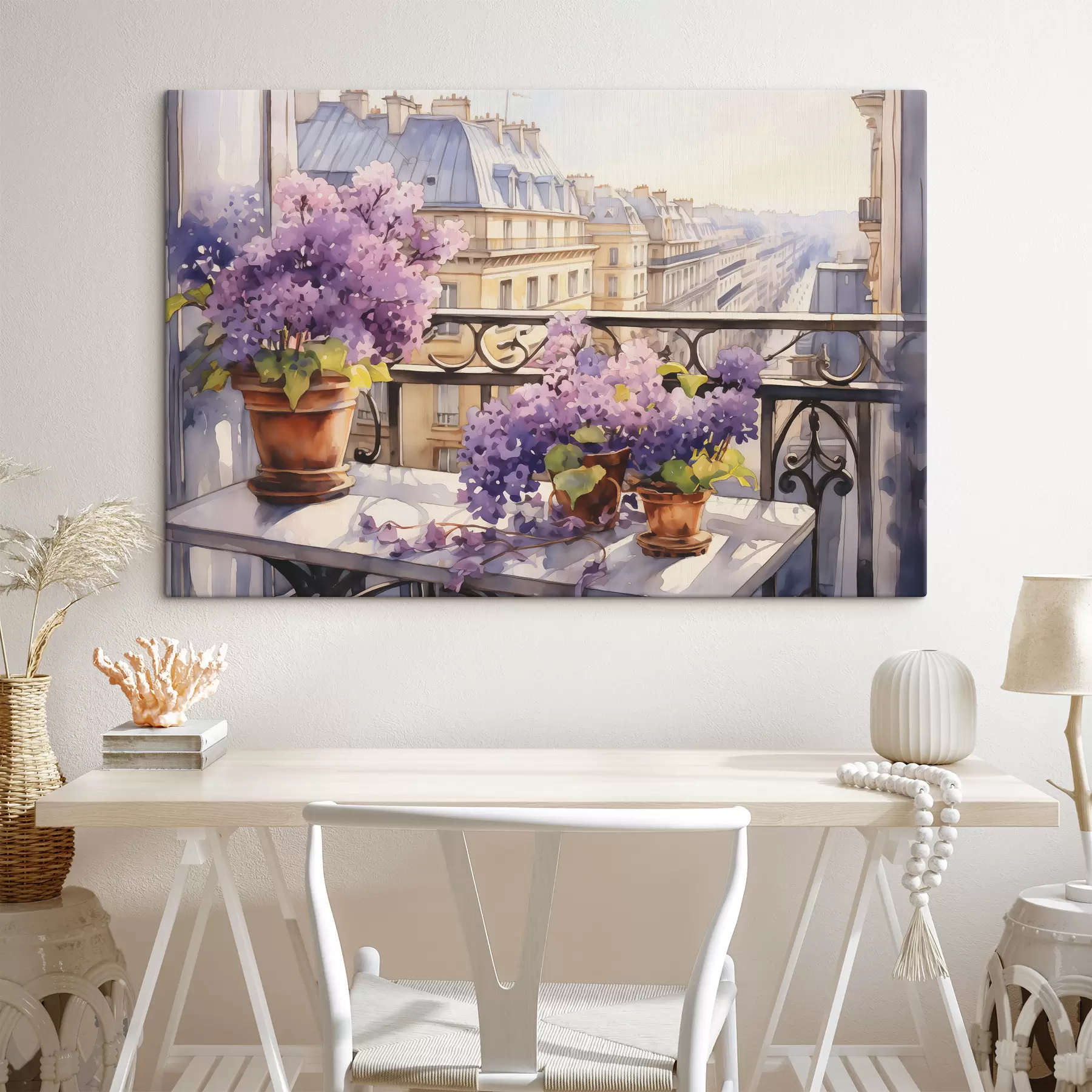 murales Violetas en maceta en un balcón de París acuarela s39931