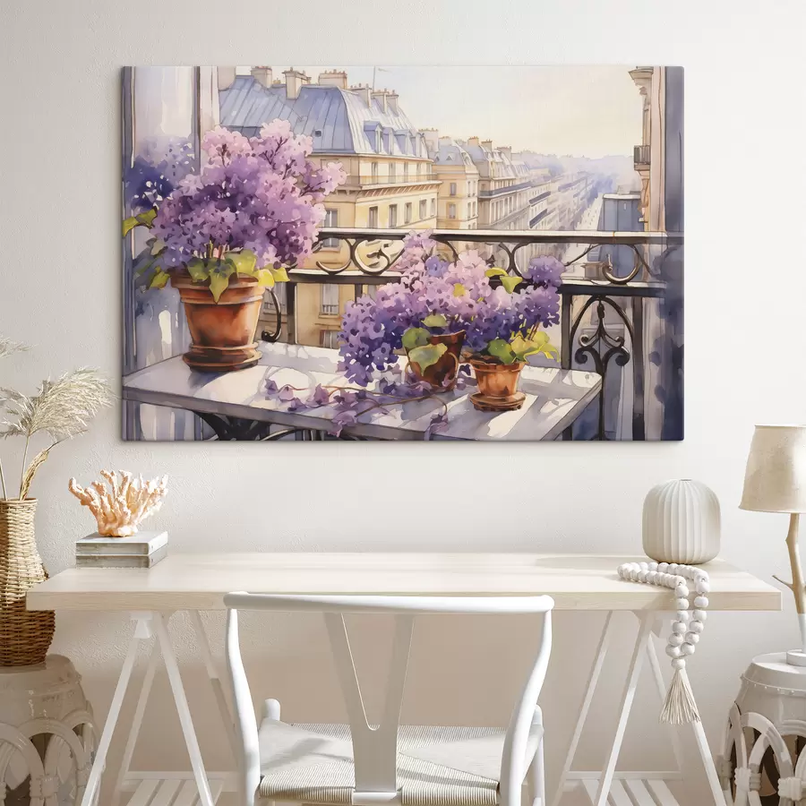 wall murals Violets in a pot on a balcony in Paris watercolor s39931