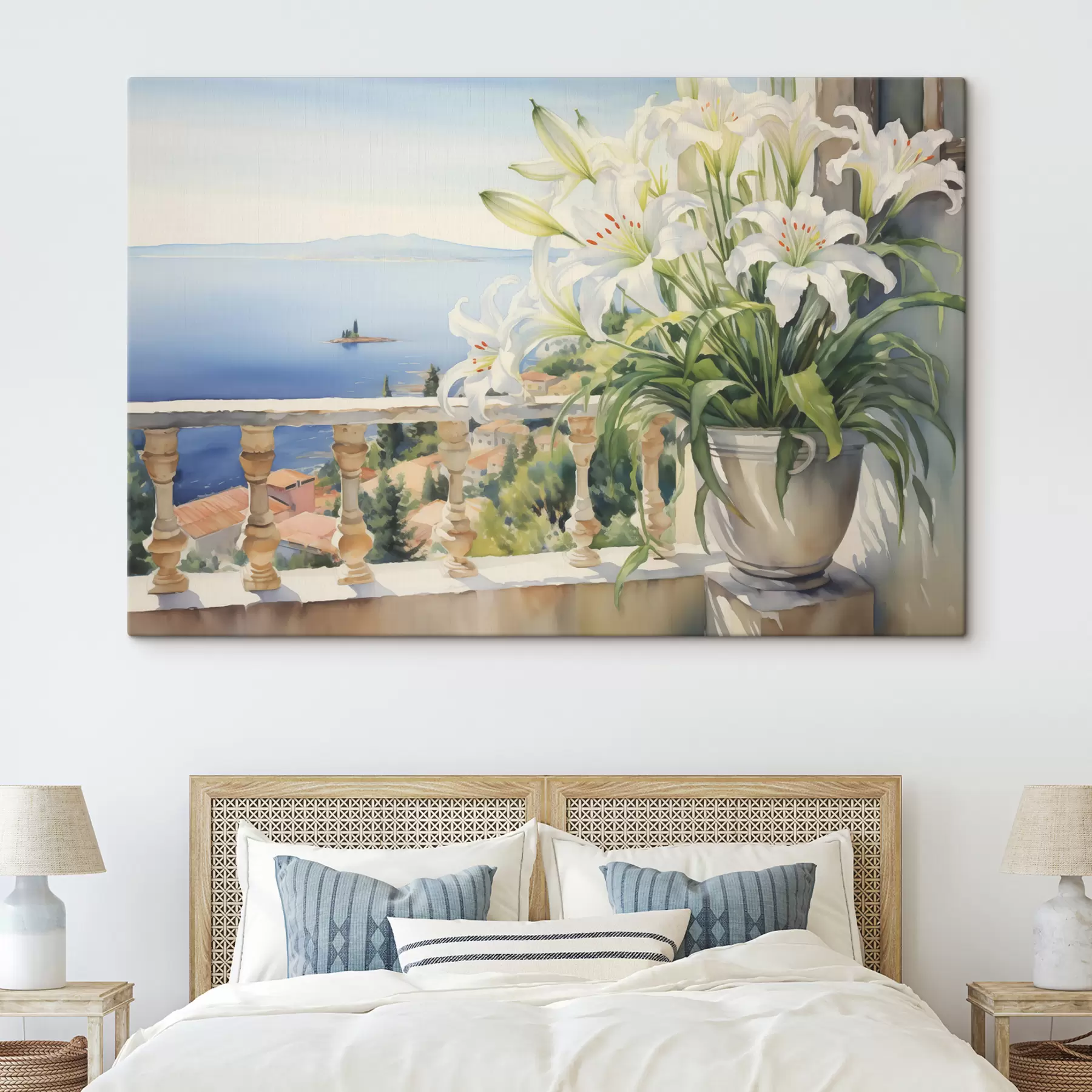 wall murals White lilies in a pot on a balcony against the backdrop of the bay watercolor s39932