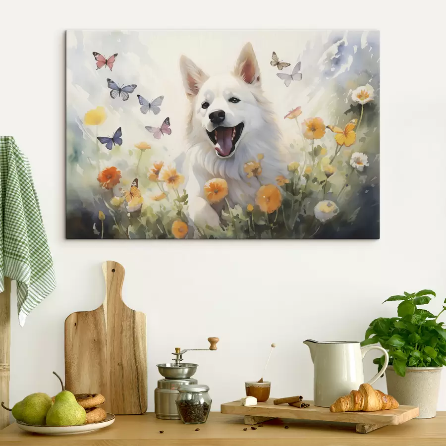 wall murals White dog sits in flowers, butterflies fly watercolor s39936