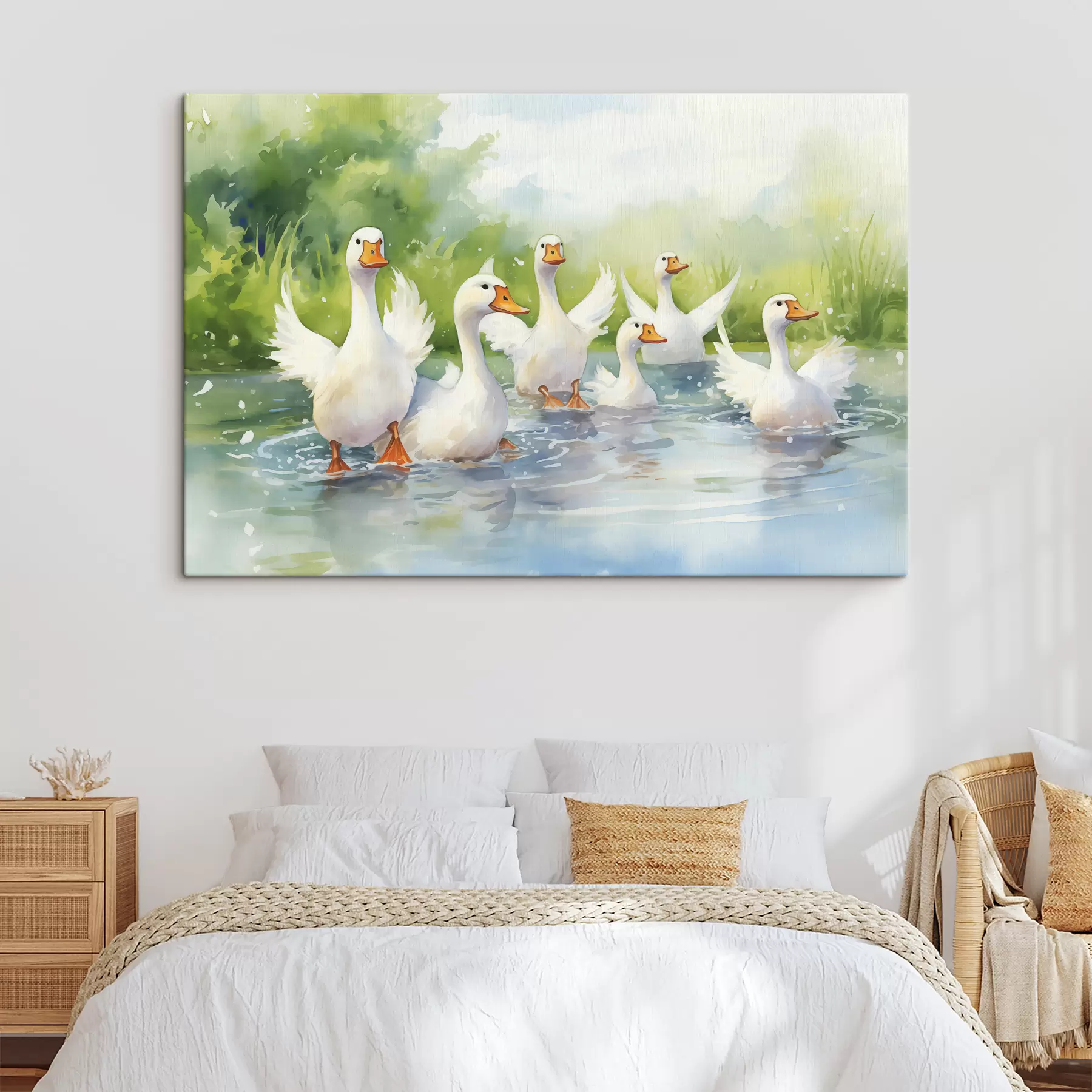 murales Gansos blancos bañándose en un estanque, pintura de acuarela s39939