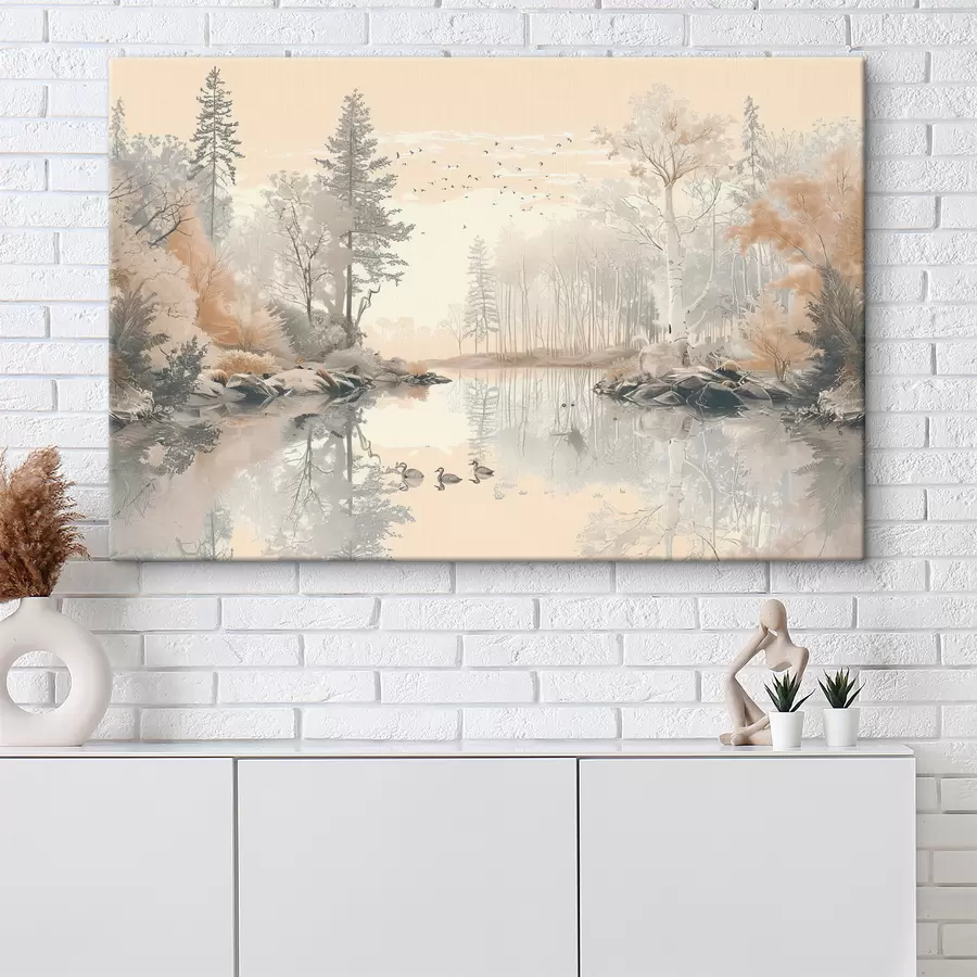 wall murals Beautiful nature landscape, pond and trees, wildlife, soft pastel colors s39980