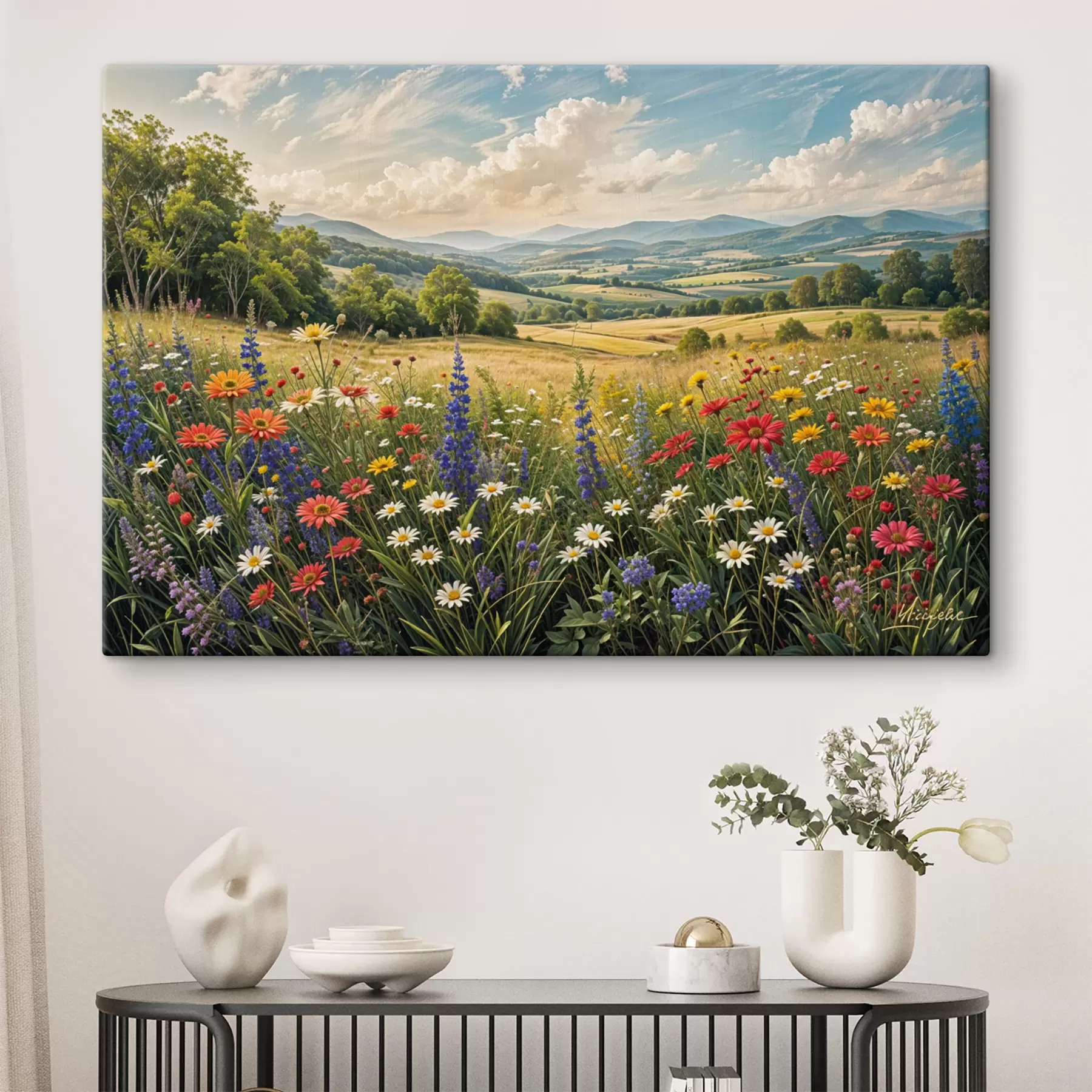 wall murals A lush countryside landscape with a vibrant wildflower meadow filled with colorful flowers under a cloudy sky s40018