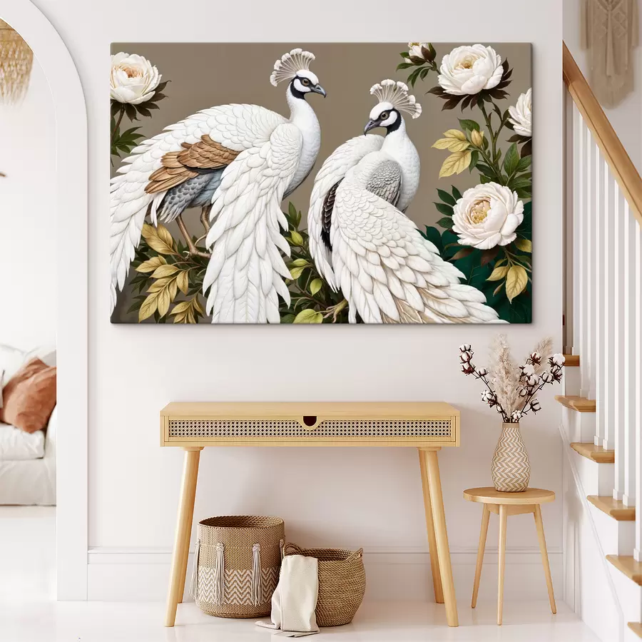 wall murals Two white peacocks with ornate feathers perched on a branch with flowers s40022