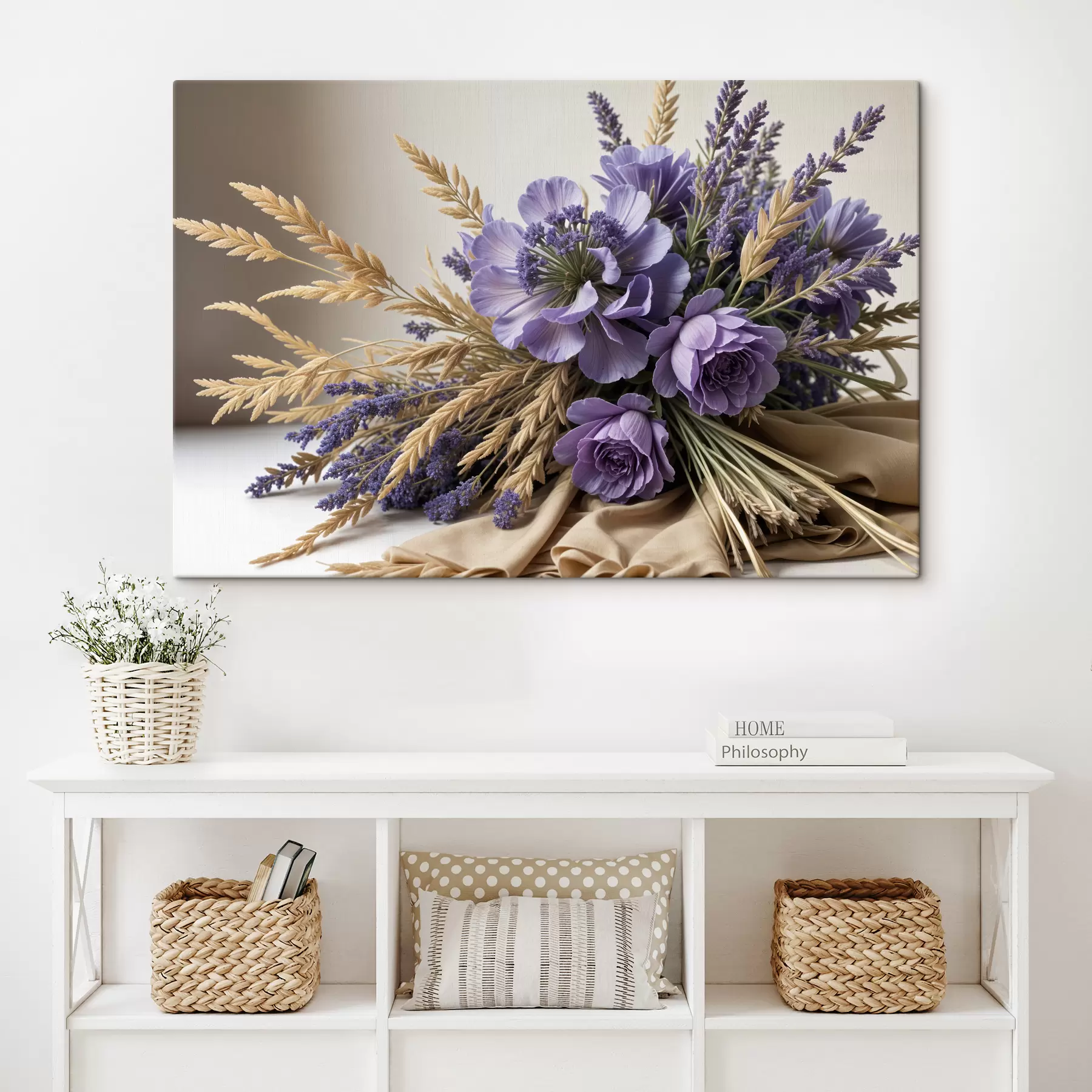 wall murals A bouquet of purple flowers, including peonies and lavender, with wheat stalks on a light background s40030