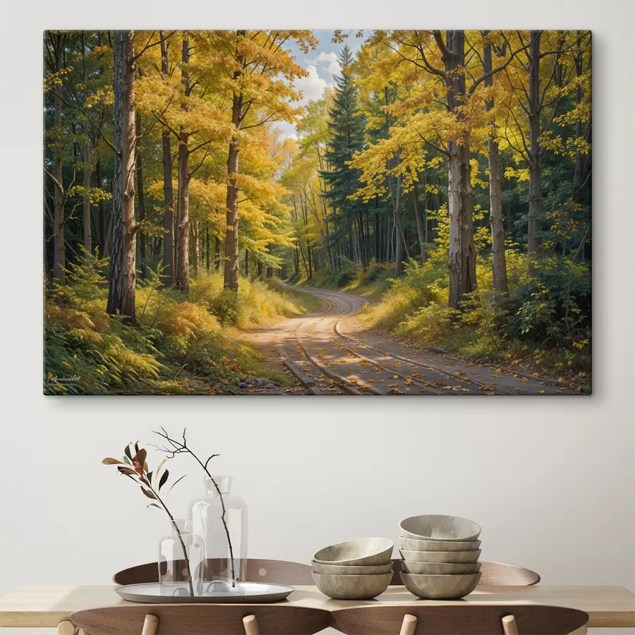 wall murals A dirt road winding through a forest in autumn, with tall trees on both sides  s40031