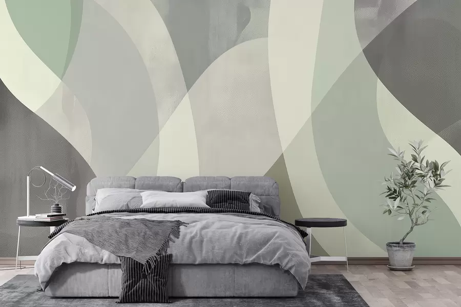 murales Curvas suaves en tonos apagados con líneas fluidas y degradados verdes, minimalista y moderno w01334