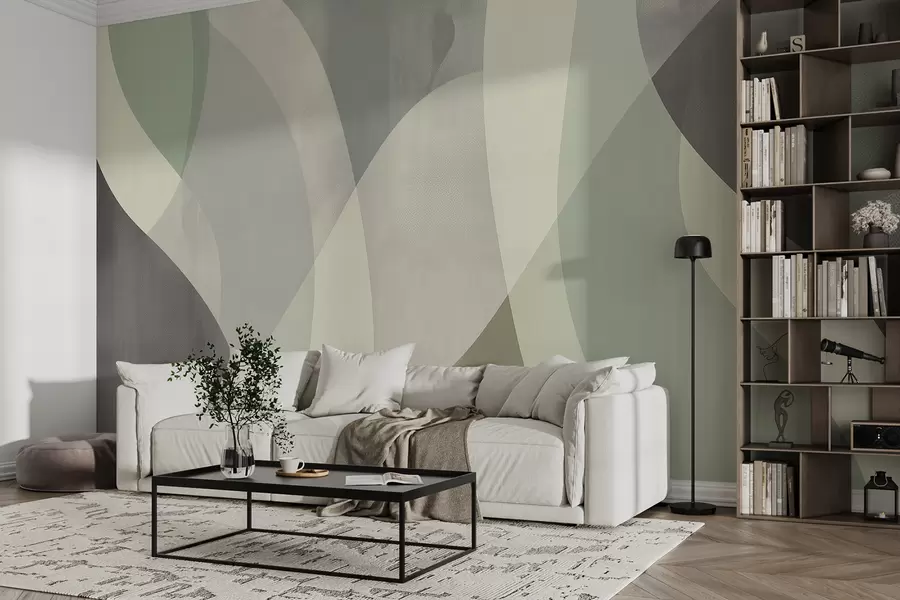 peintures murales Courbes douces aux tons neutres avec des lignes fluides et des dégradés verts, minimalistes et modernes w01334