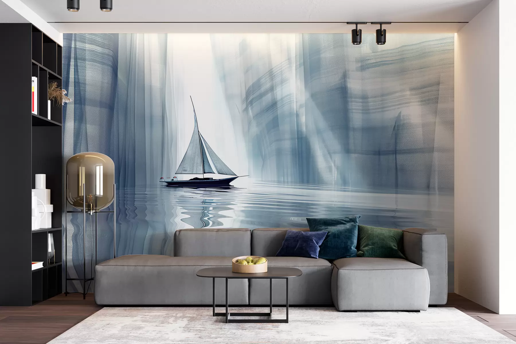 Wall Mural Photo Wallpaper Boat on the water in a Futurist style with blue colors w01338