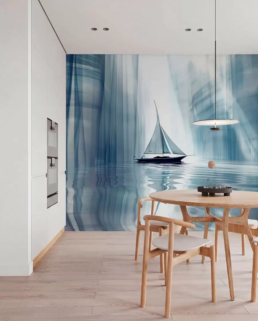 peintures murales Bateau sur l'eau dans un style futuriste avec des couleurs bleues w01338
