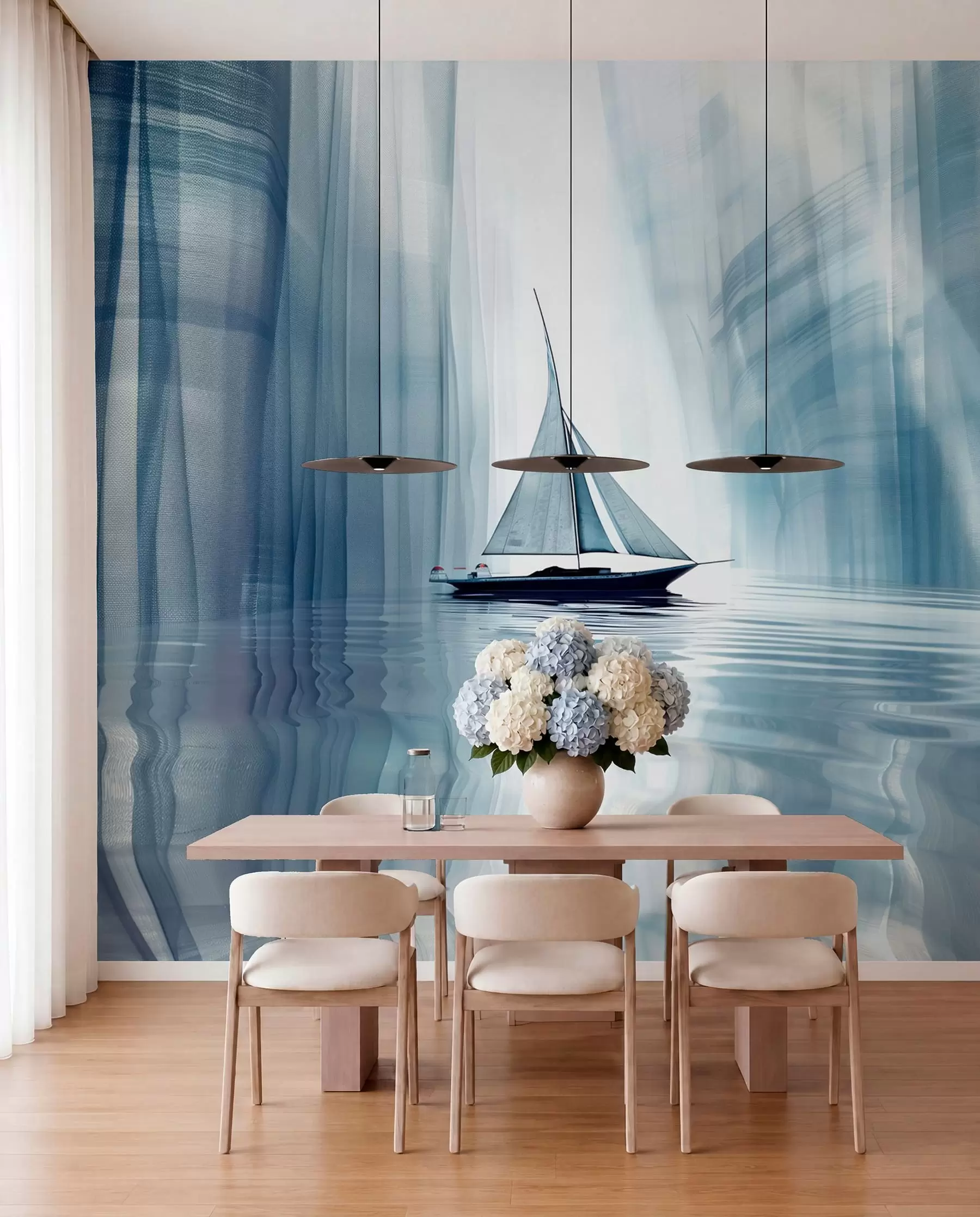 wall murals Boat on the water in a Futurist style with blue colors w01338