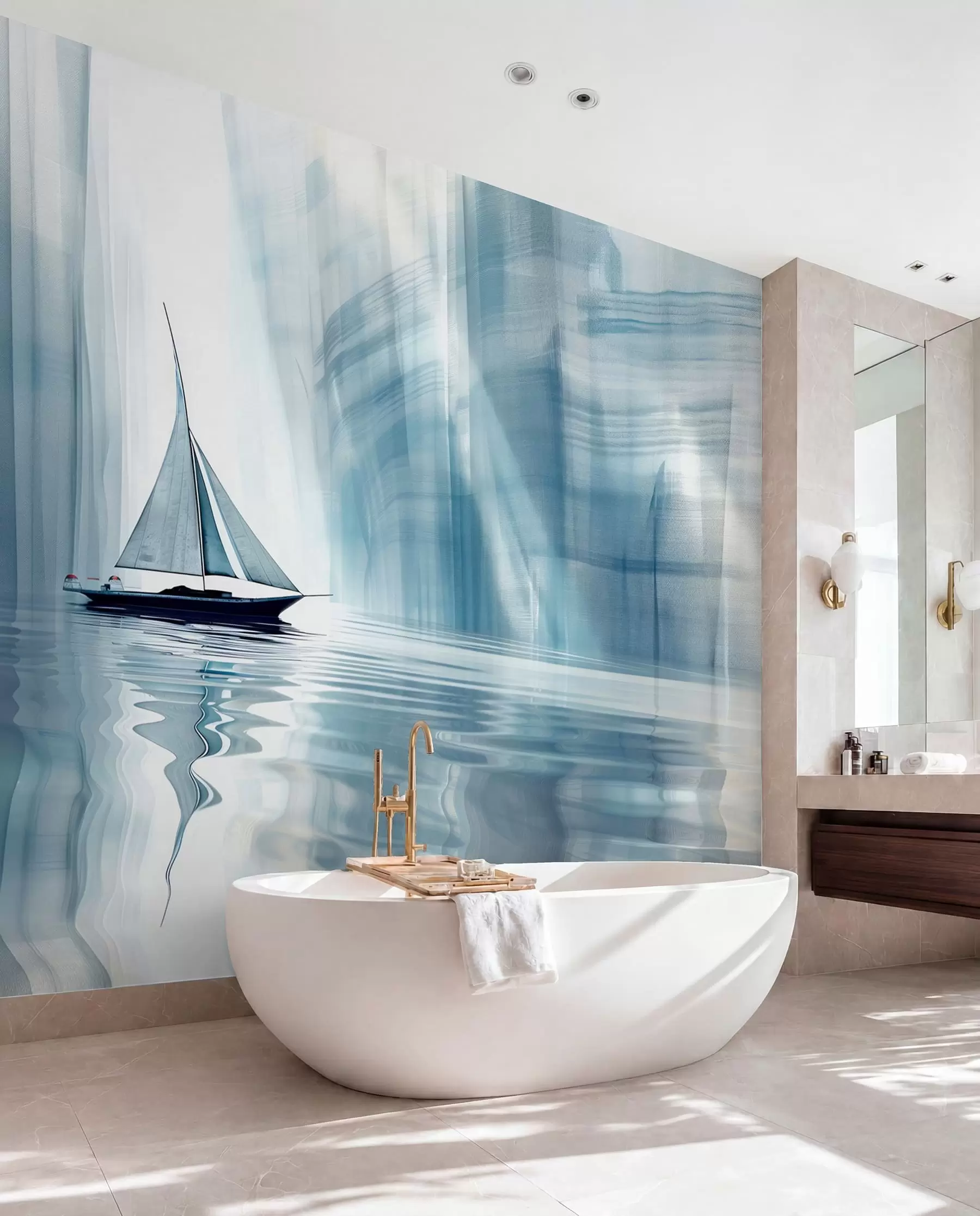 wall murals Boat on the water in a Futurist style with blue colors w01338