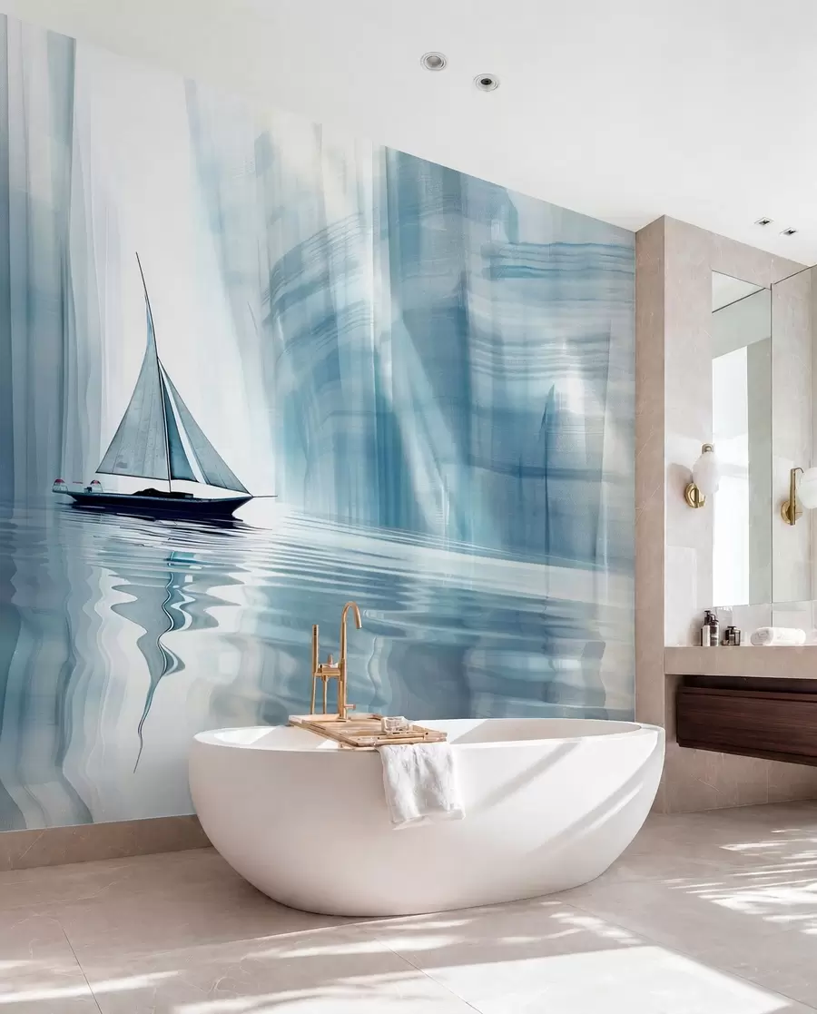 wall murals Boat on the water in a Futurist style with blue colors w01338