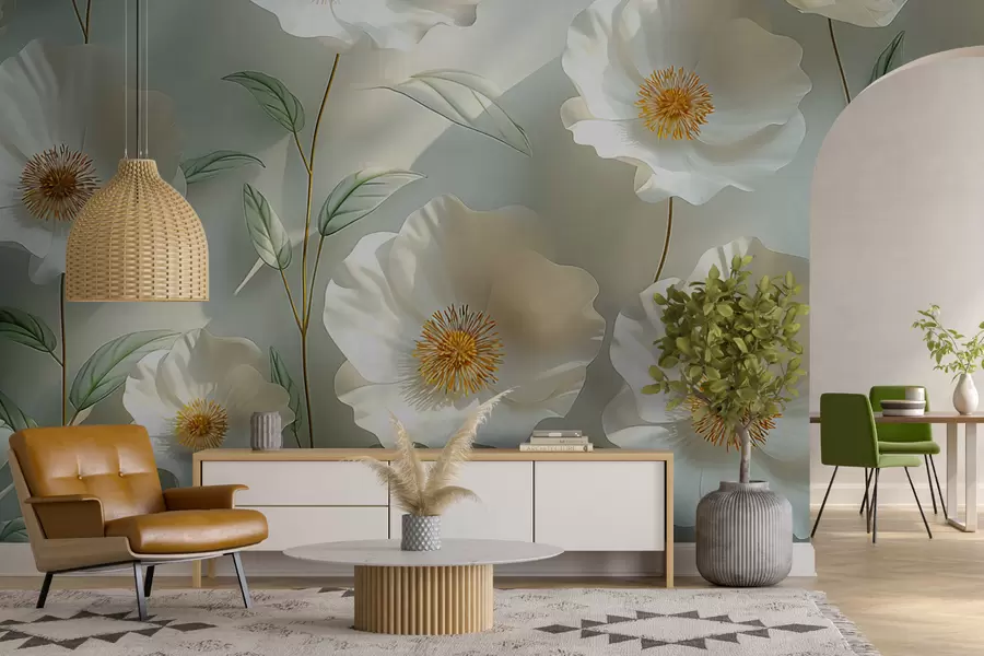 Wall Mural Photo Wallpaper White poppies against a wall with sunlight and 3D effect w01339
