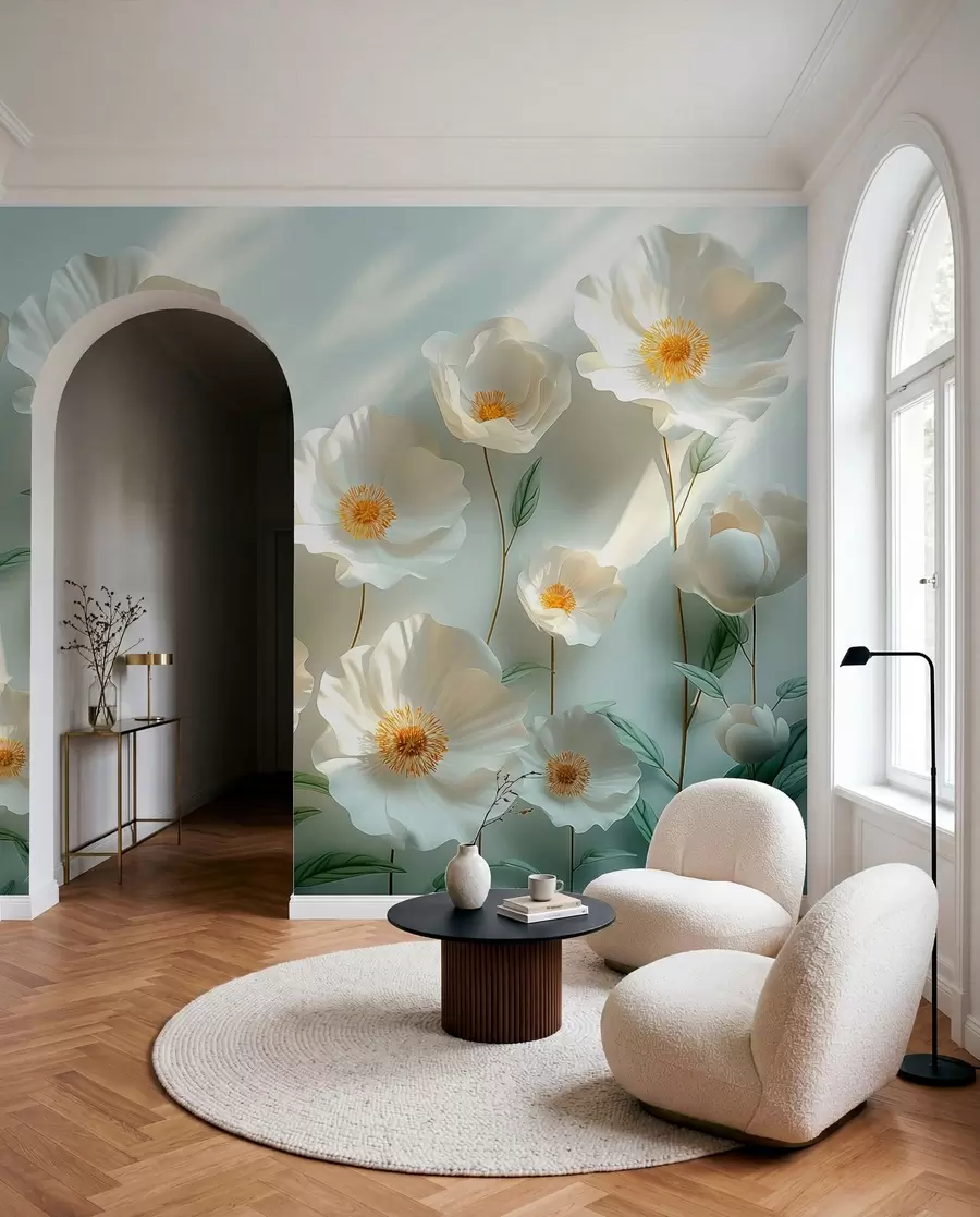 Wall Mural Photo Wallpaper White poppies against a wall with sunlight and 3D effect w01339