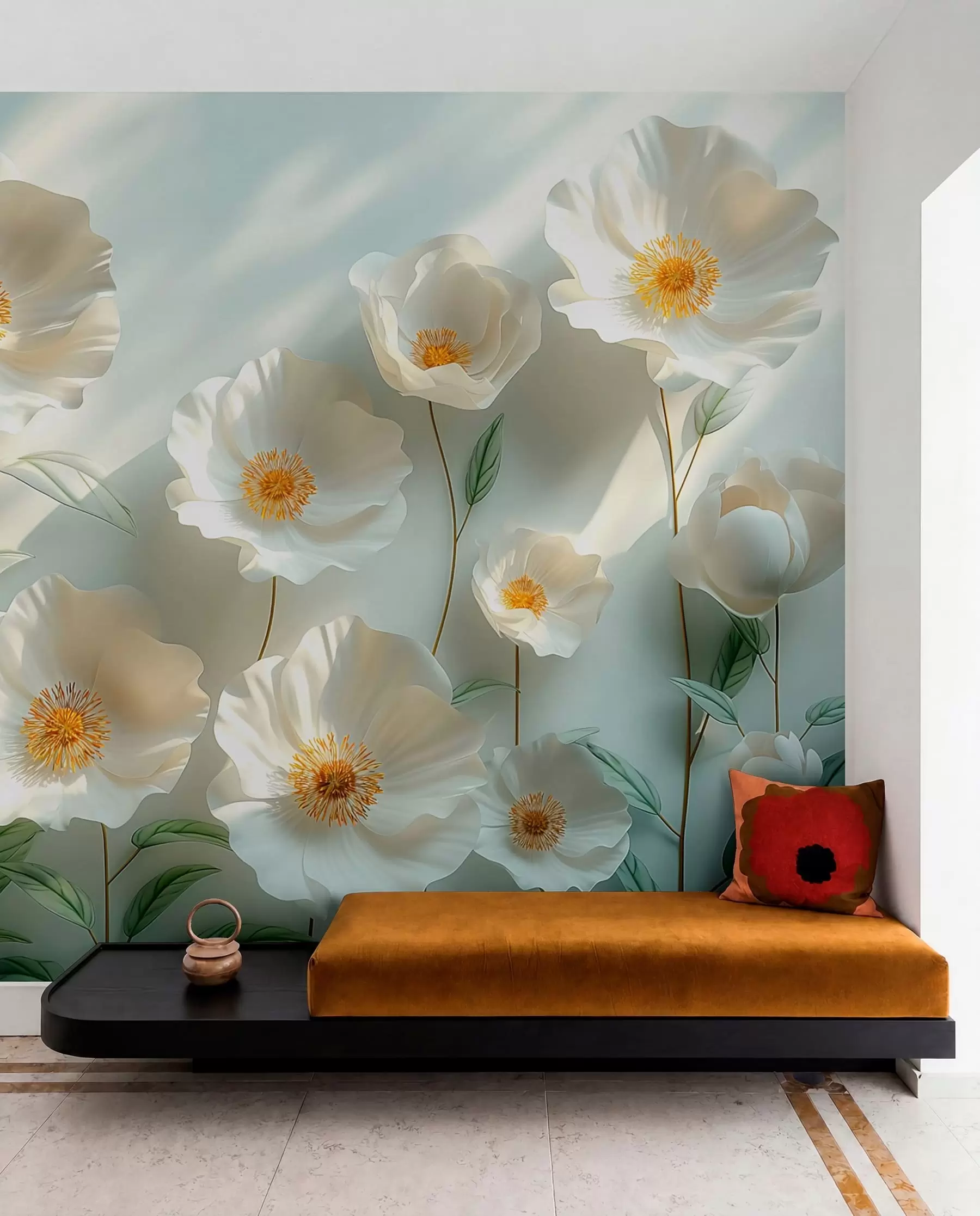 Wall Mural Photo Wallpaper White poppies against a wall with sunlight and 3D effect w01339