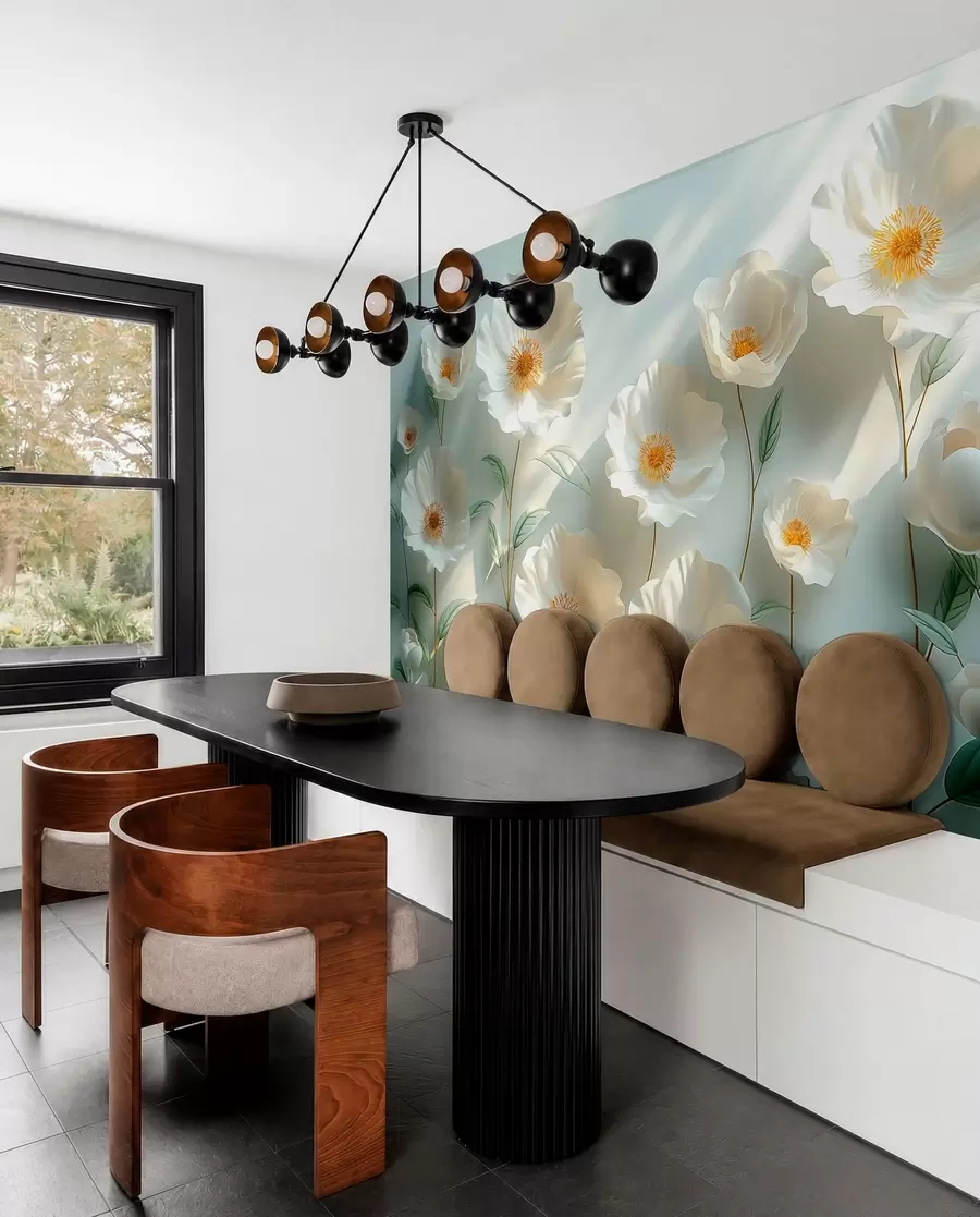 wall murals White poppies against a wall with sunlight and 3D effect w01339