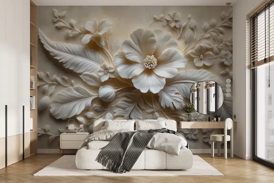 Wall Mural Photo Wallpaper 3D relief wall art featuring feathers and flowers, with a large poppy in beige colors w01340
