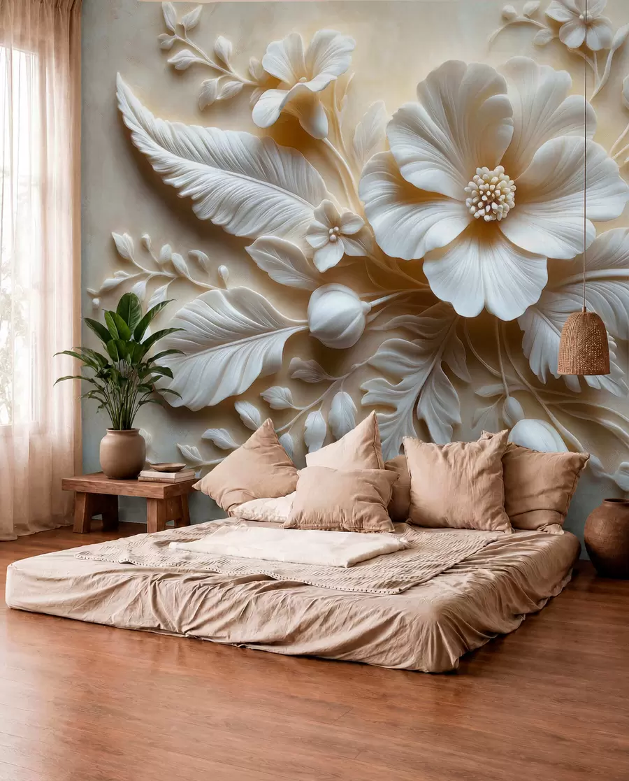 Wall Mural Photo Wallpaper 3D relief wall art featuring feathers and flowers, with a large poppy in beige colors w01340