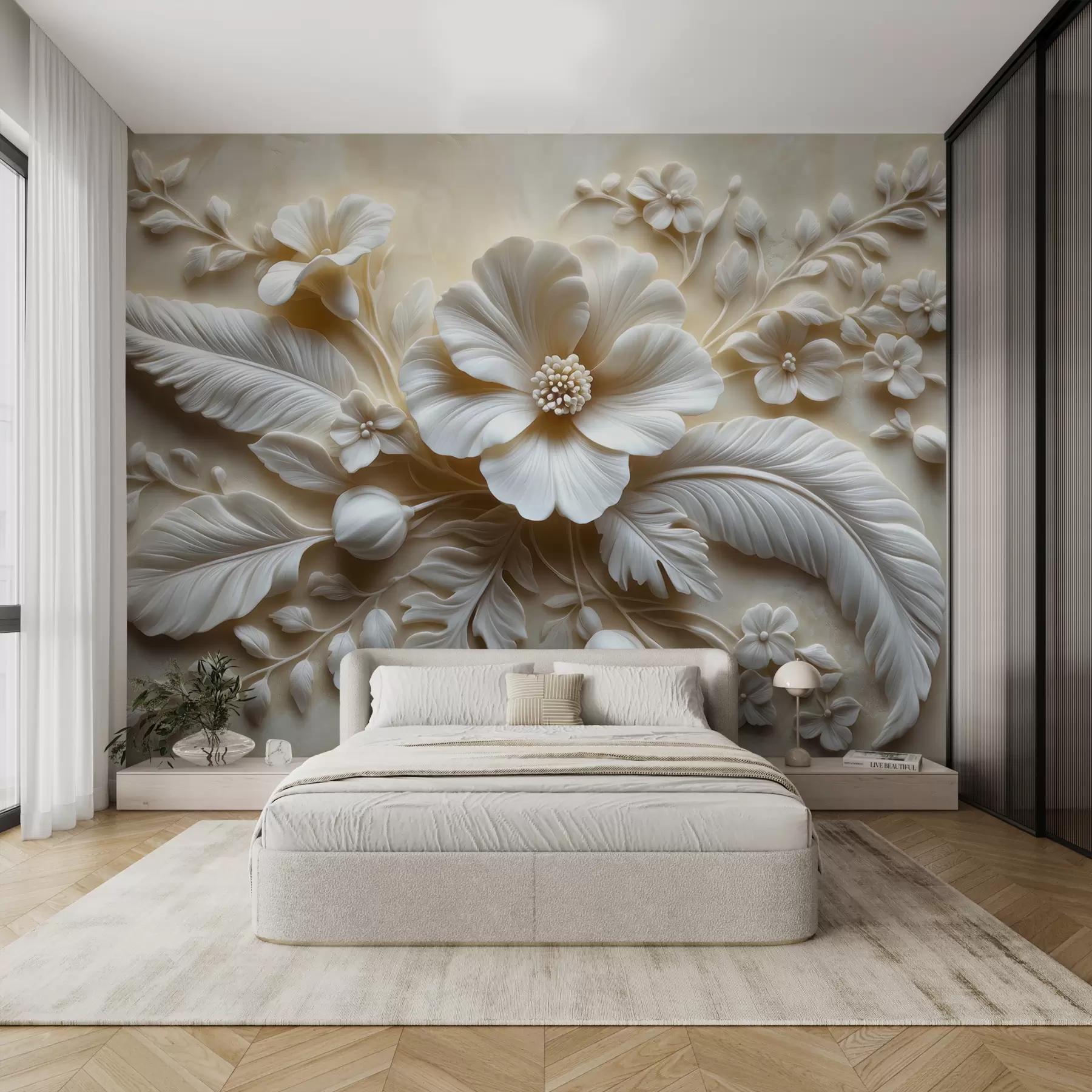 murales Arte de pared en relieve 3D con plumas y flores, con una gran amapola en colores beige w01340