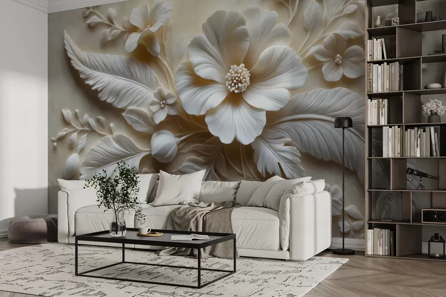 murales Arte de pared en relieve 3D con plumas y flores, con una gran amapola en colores beige w01340