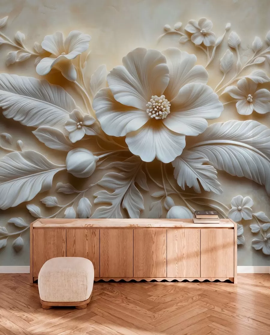peintures murales Tableau mural en relief 3D représentant des plumes et des fleurs, avec un grand coquelicot aux couleurs beiges w01340