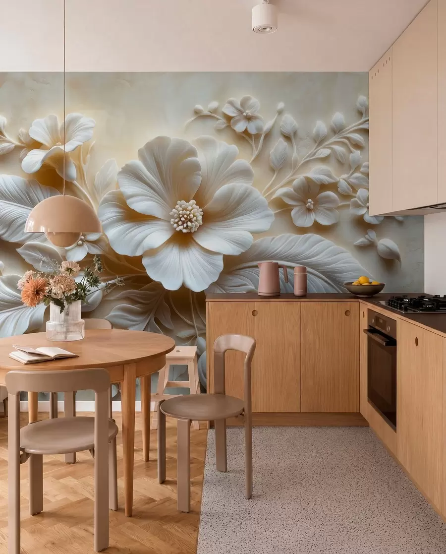 peintures murales Tableau mural en relief 3D représentant des plumes et des fleurs, avec un grand coquelicot aux couleurs beiges w01340