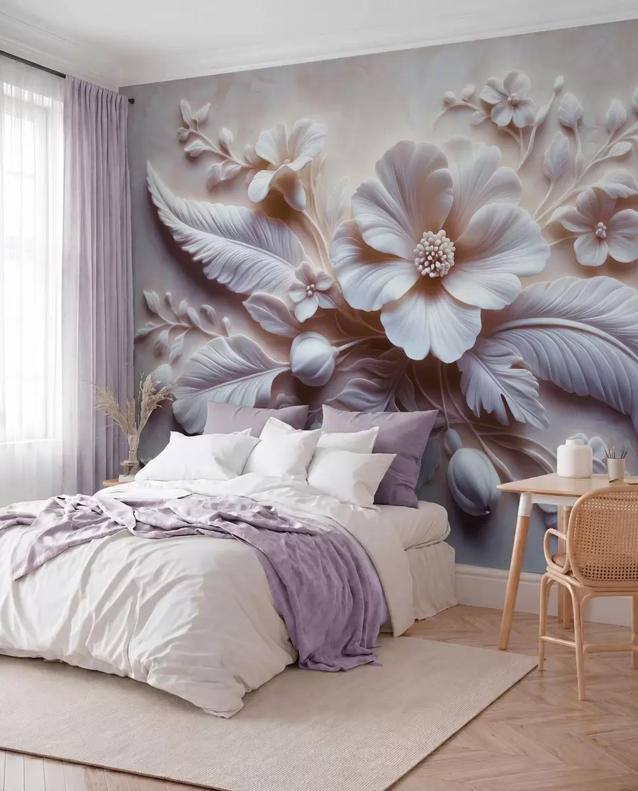 wall murals 3D relief wall art featuring feathers and flowers, with a large poppy in light pink colors w01340v1