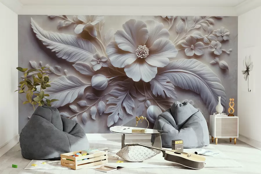 murales Arte de pared en relieve 3D con plumas y flores, con una gran amapola en colores rosa claro w01340v1