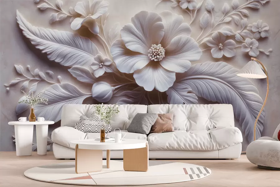 murales Arte de pared en relieve 3D con plumas y flores, con una gran amapola en colores rosa claro w01340v1