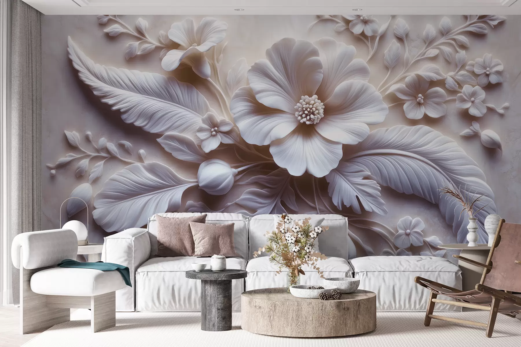 wall murals 3D relief wall art featuring feathers and flowers, with a large poppy in light pink colors w01340v1