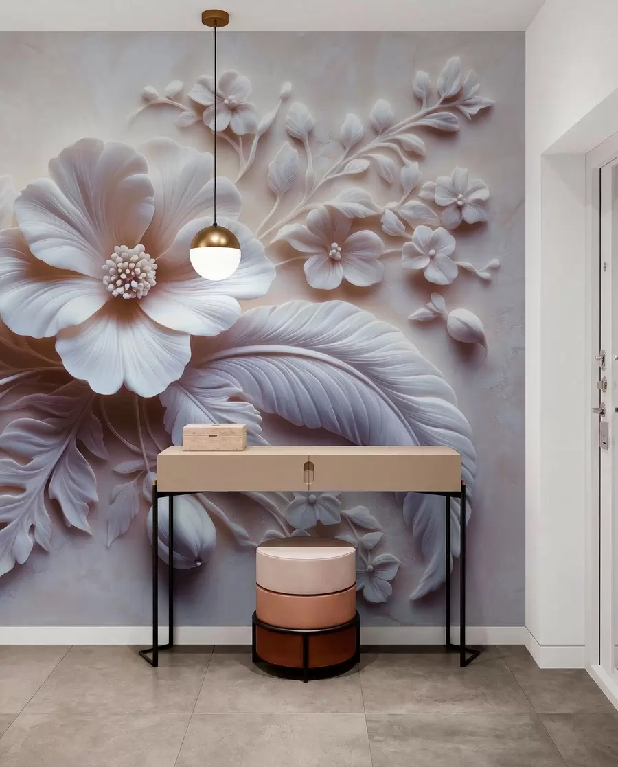 peintures murales Décoration murale en relief 3D avec plumes et fleurs, avec un grand coquelicot aux couleurs rose clair w01340v1