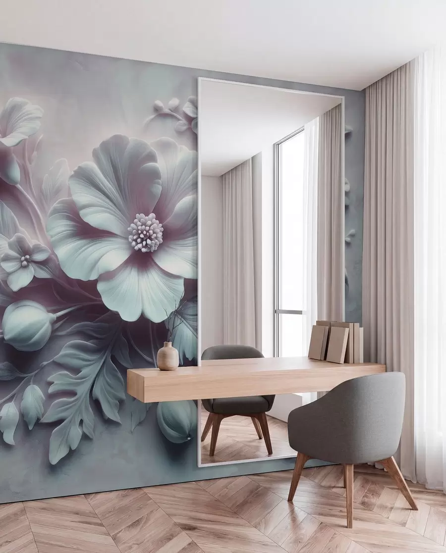 peintures murales Décoration murale en relief 3D représentant des plumes et des fleurs, avec un grand coquelicot aux couleurs bleu clair w01340v2