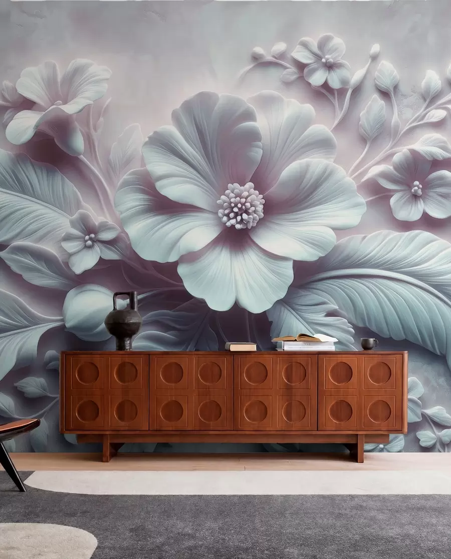peintures murales Décoration murale en relief 3D représentant des plumes et des fleurs, avec un grand coquelicot aux couleurs bleu clair w01340v2