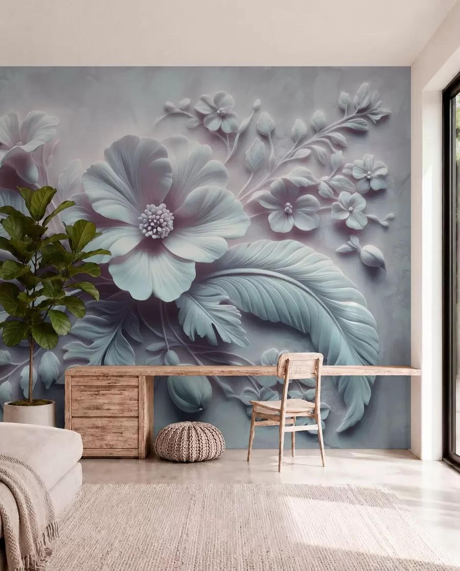wall murals 3D relief wall art featuring feathers and flowers, with a large poppy in light blue colors w01340v2