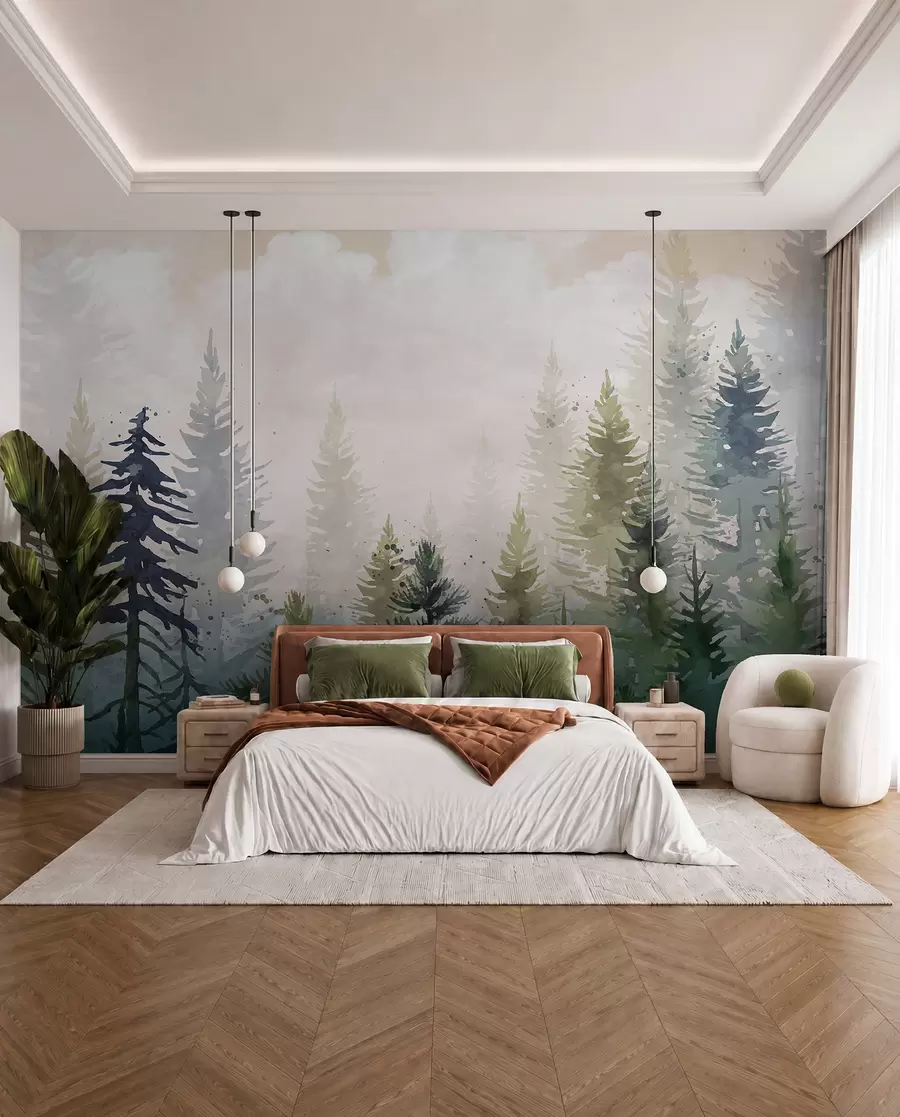 peintures murales Forêt de grands pins à feuilles persistantes dans un environnement brumeux et rempli de nuages doux et brumeux w08160
