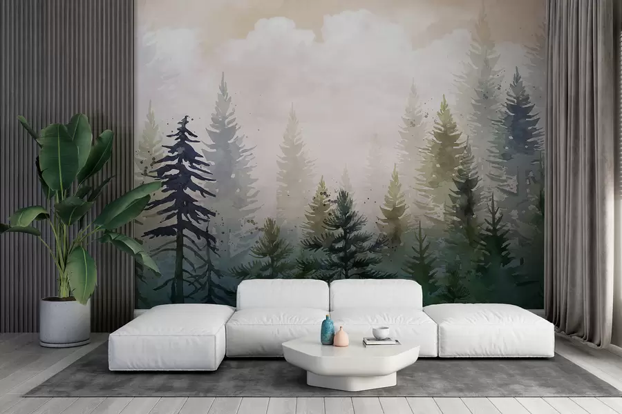 murales Bosque de altos pinos de hoja perenne en un entorno brumoso y lleno de un paisaje de nubes suaves y brumosas w08160