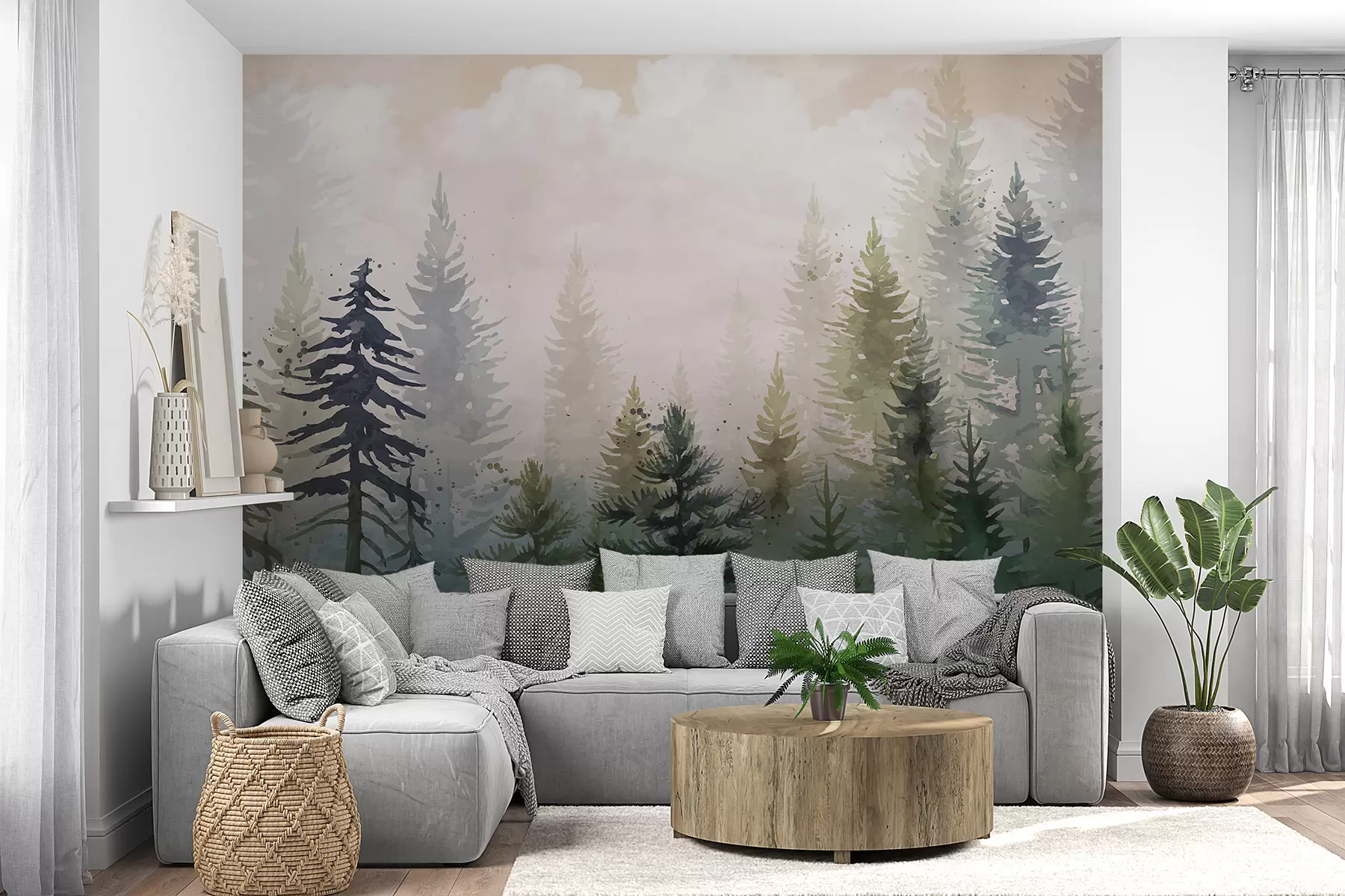 Wall Mural Photo Wallpaper Forest of tall evergreen pine trees in a foggy environment and filled with soft, hazy clouds landscape w08160
