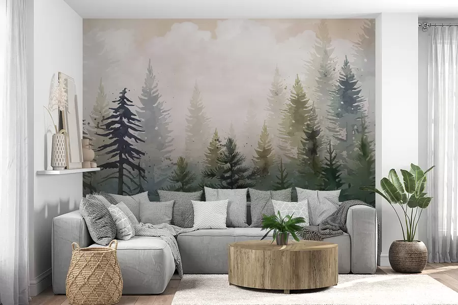 murales Bosque de altos pinos de hoja perenne en un entorno brumoso y lleno de un paisaje de nubes suaves y brumosas w08160