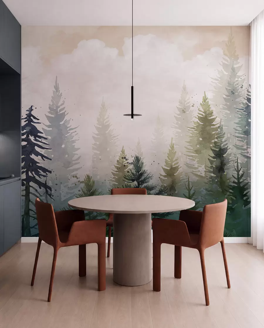 wall murals Forest of tall evergreen pine trees in a foggy environment and filled with soft, hazy clouds landscape w08160