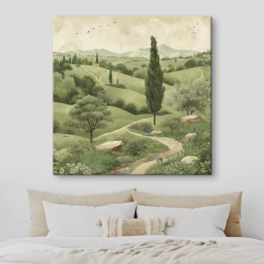 wall murals Tuscany landscape, vintage style, pastel green colors, hills and trees s40075