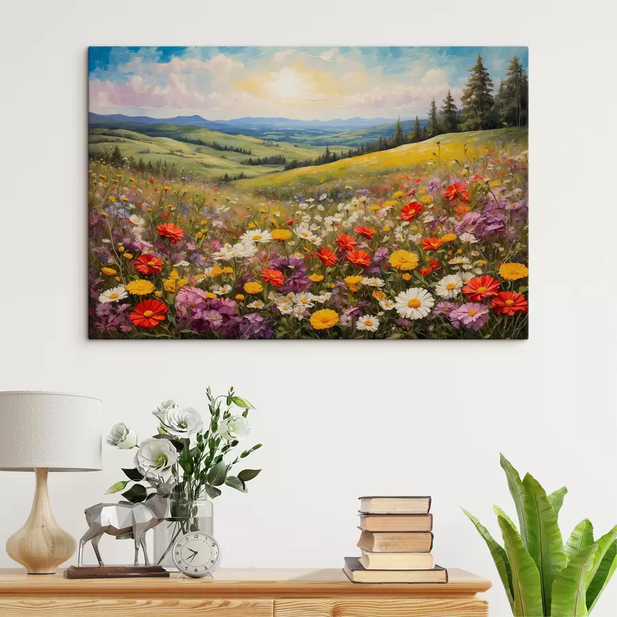 wall murals Field of flowers at sunset s40073
