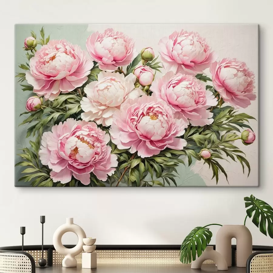 wall murals Pink flowers and leaves on blue-white background s40074
