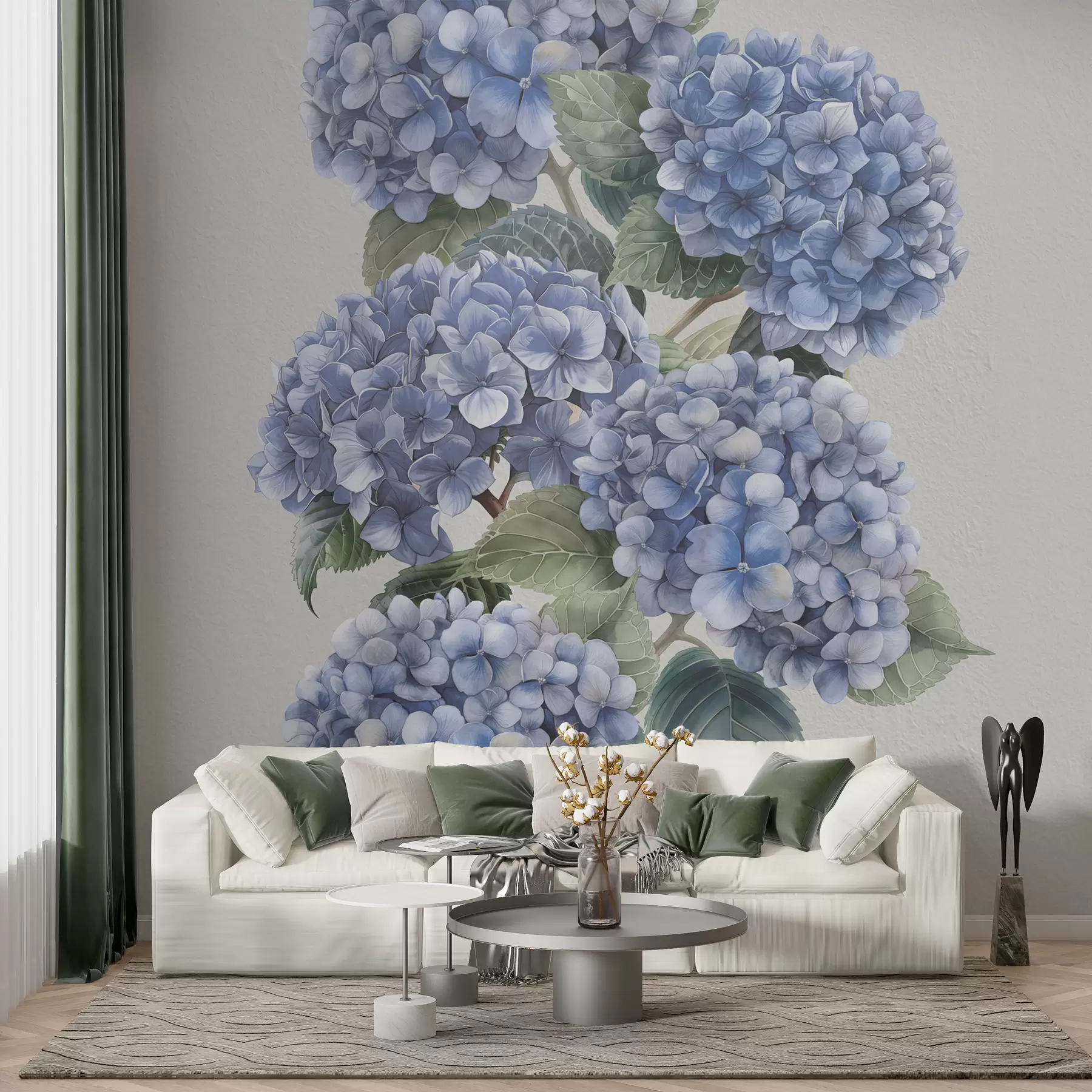 murais de parede Ramos de hortênsia em tons suaves de azul w08176v2
