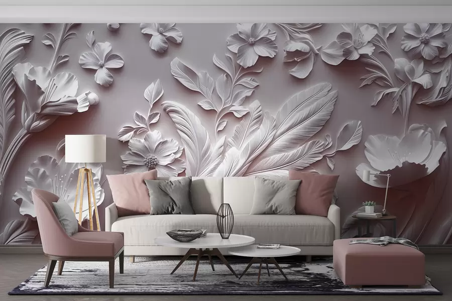peintures murales Fleurs et feuilles en relief exquises dans des tons roses w01356v1