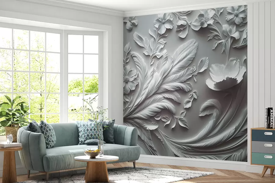 murais de parede Flores e folhas requintadas em tons de cinza w01356v2