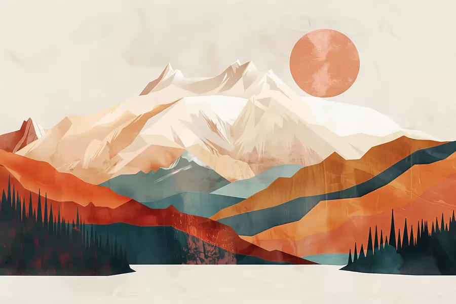 wall murals Boho bliss: a serene landscape of mountains, trees, and sun w01358