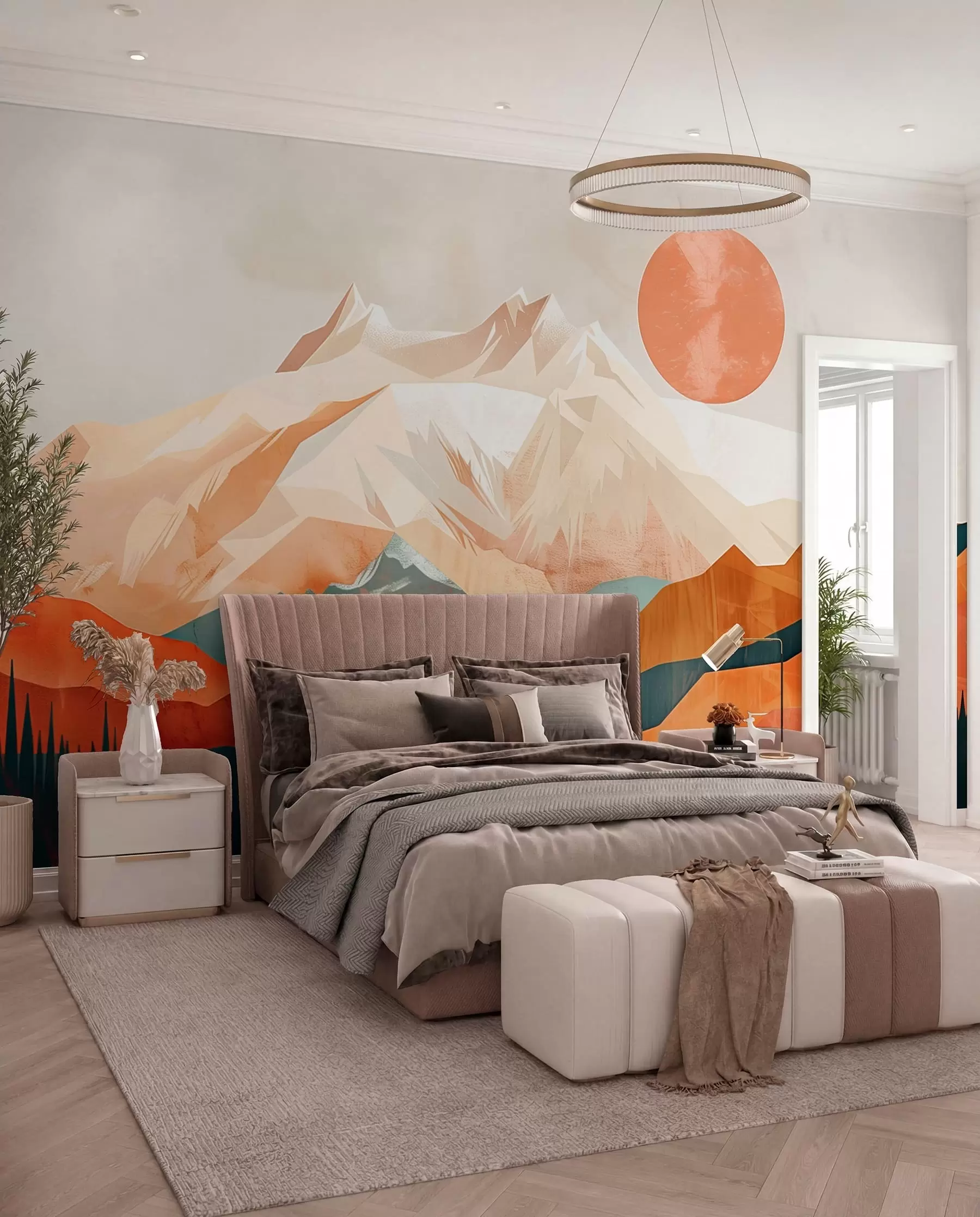 wall murals Boho bliss: a serene landscape of mountains, trees, and sun w01358